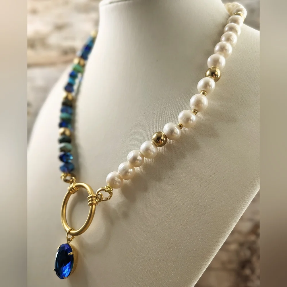 Blue Glass & Crystal Beads & White Freshwater Pearls In Assymetrical Necklace